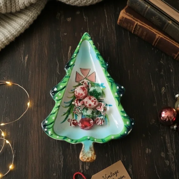 Vintage Japan Ceramic Christmas Tree Dish Blue Bell Pink Bow Hand Painted 10" - Picture 10 of 10